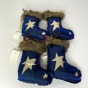 Christmas Tree Ornaments Blue Stocking Country Holiday Stuffed Lot Of 4